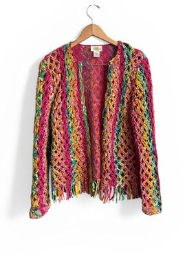 Vintage Sandy Starkman Boho Open Front Jacket Cardigan Fringe Trim LARGE